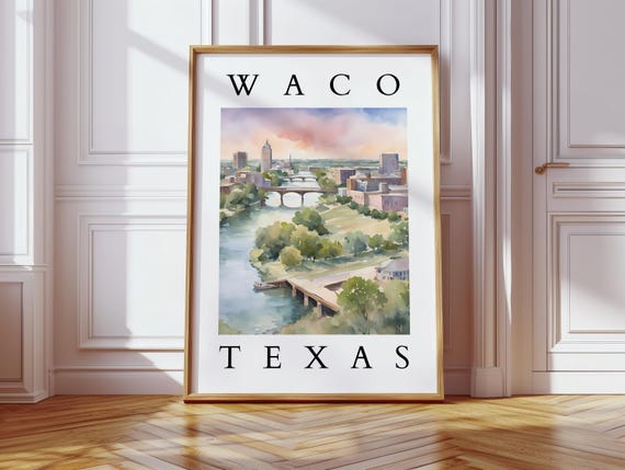 Waco Texas Watercolor Historic Cityscape Art Wall River Scene Decor