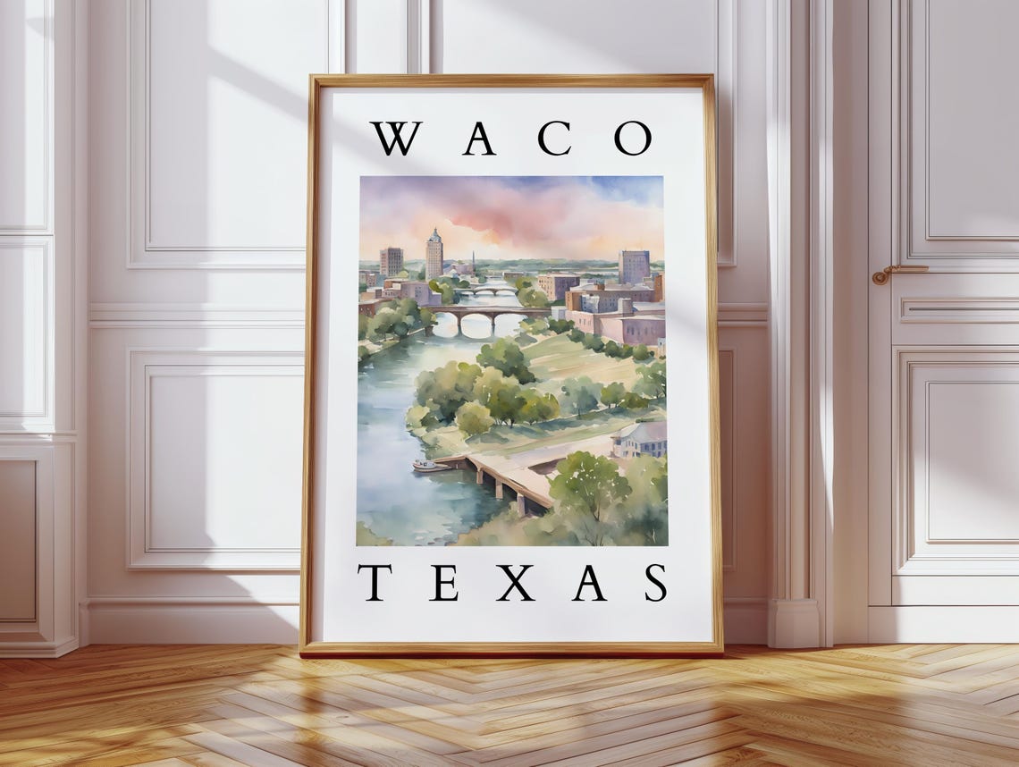 Waco Texas Riverfront Bridge Skyline Pastel Watercolor Poster