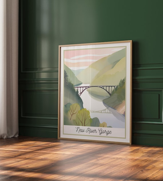 New River Gorge National Park Arch Bridge River Valley Watercolor Poster
