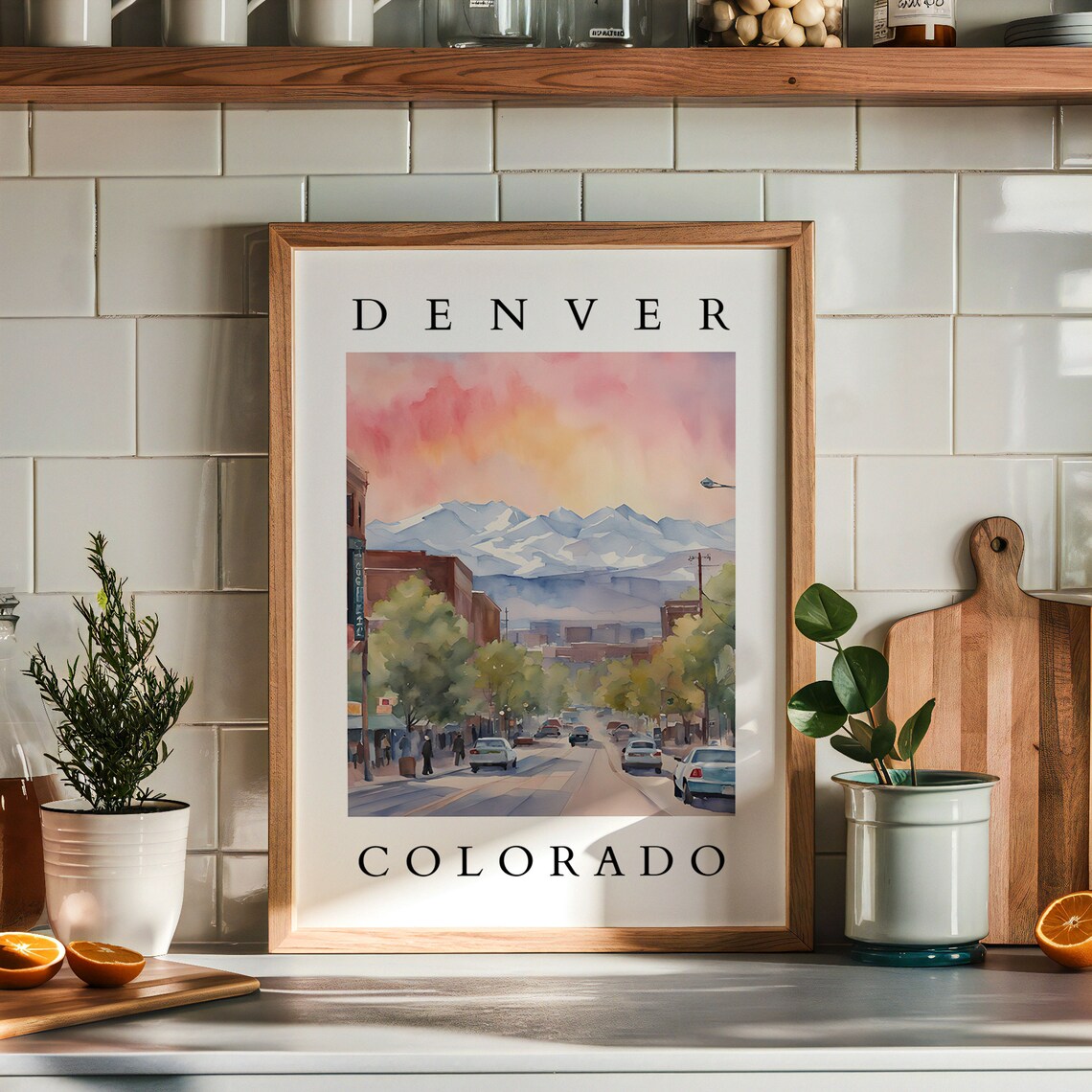 Denver Colorado Watercolor Mountain Skyline Art Print