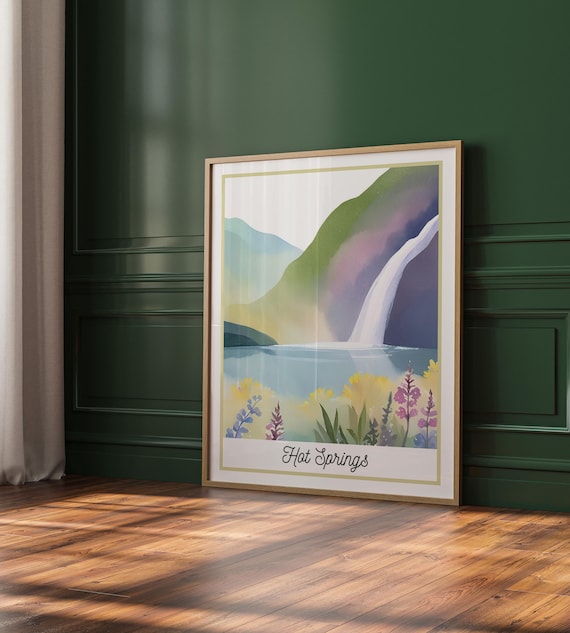 Hot Springs National Park Waterfall Wildflowers Watercolor Landscape Poster