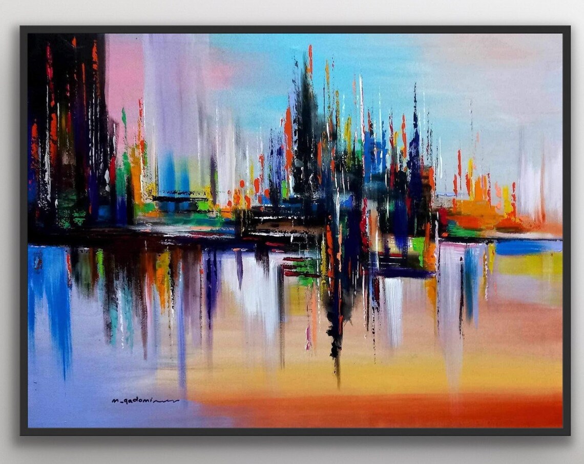 Abstract Cityscape Reflections Modern Multicolor Oil Painting Poster