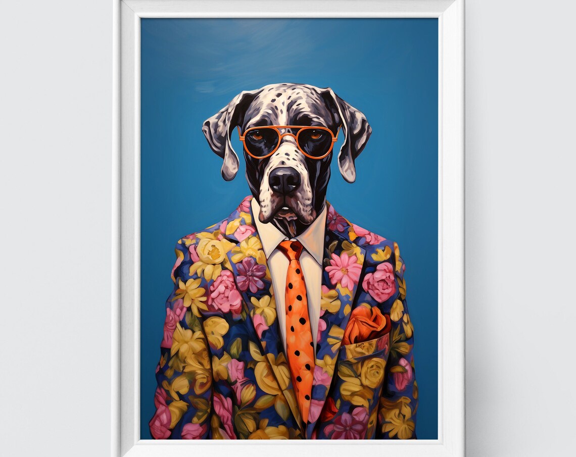 Harlequin Great Dane Dog in a Floral Suit Quirky Fashion Poster