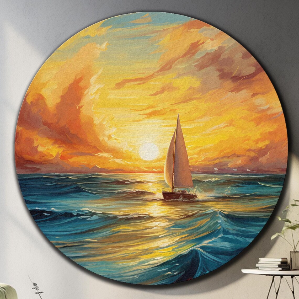 Sailboat Sunset Golden Sky Blue Ocean Waves Round Glass Wall Art