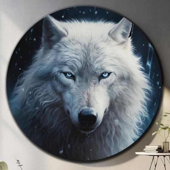 White Wolf Moonlight Blue Eyes Night Round Wildlife Wall Art Poster