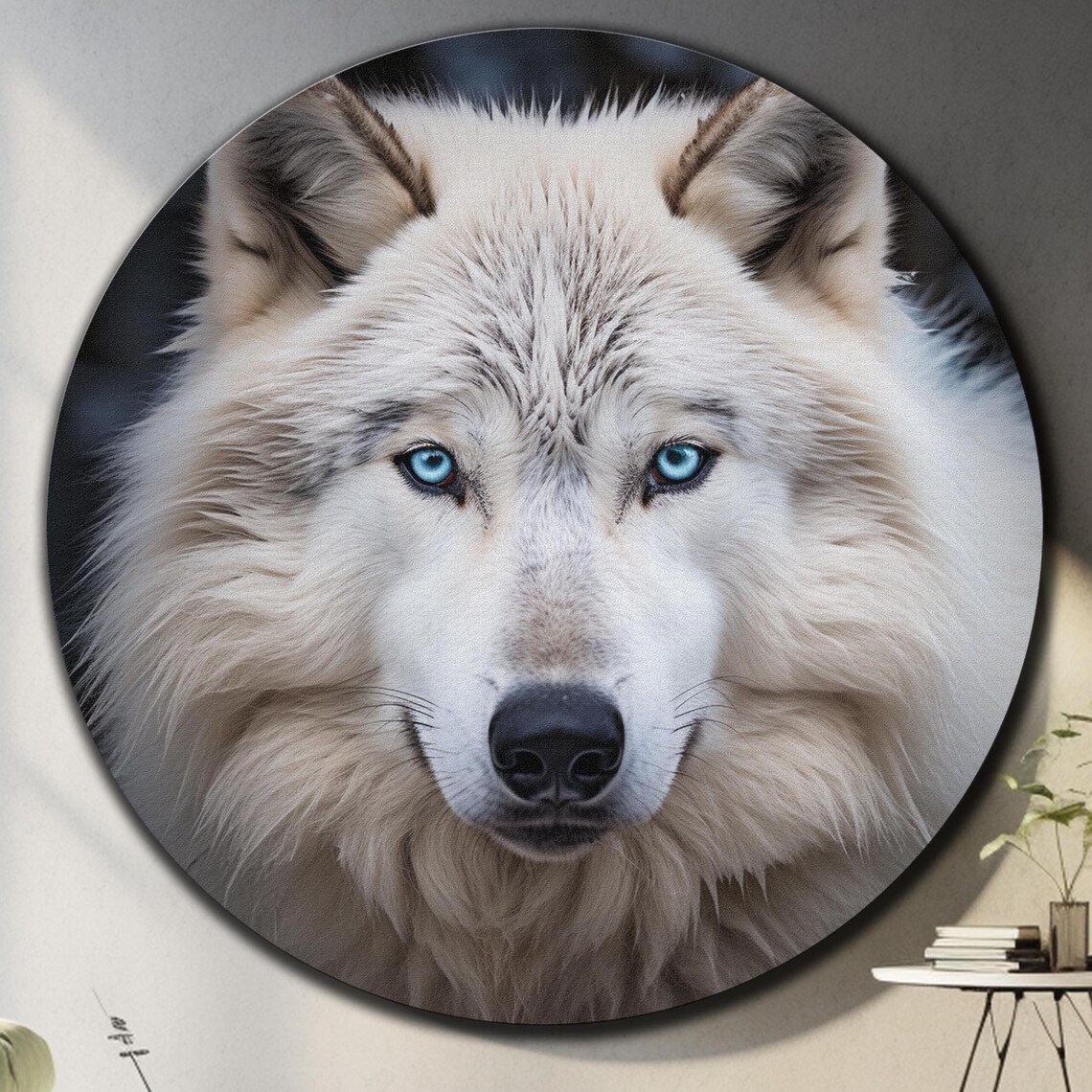 White Wolf Blue Eyes Portrait Round Wildlife Animal Wall Art Poster