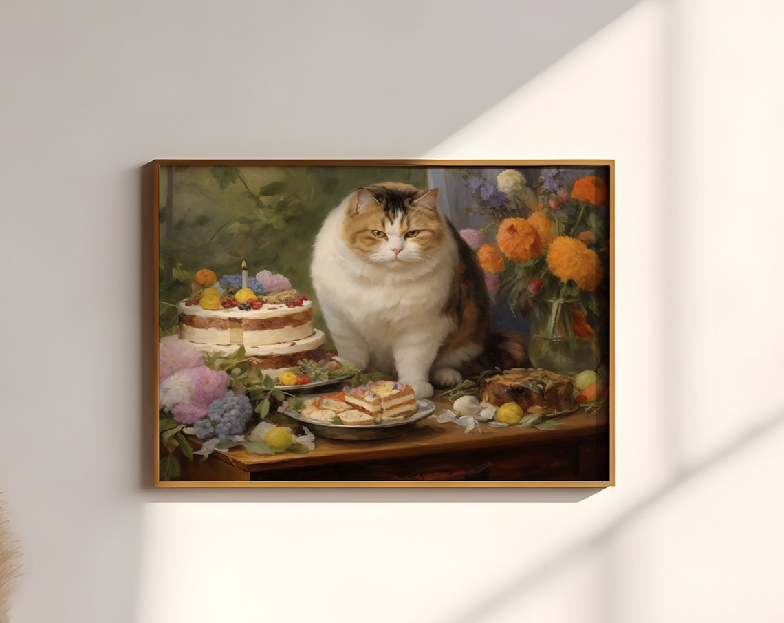 Chubby Calico Cat With Birthday Cake Candle Floral Table Wall Art