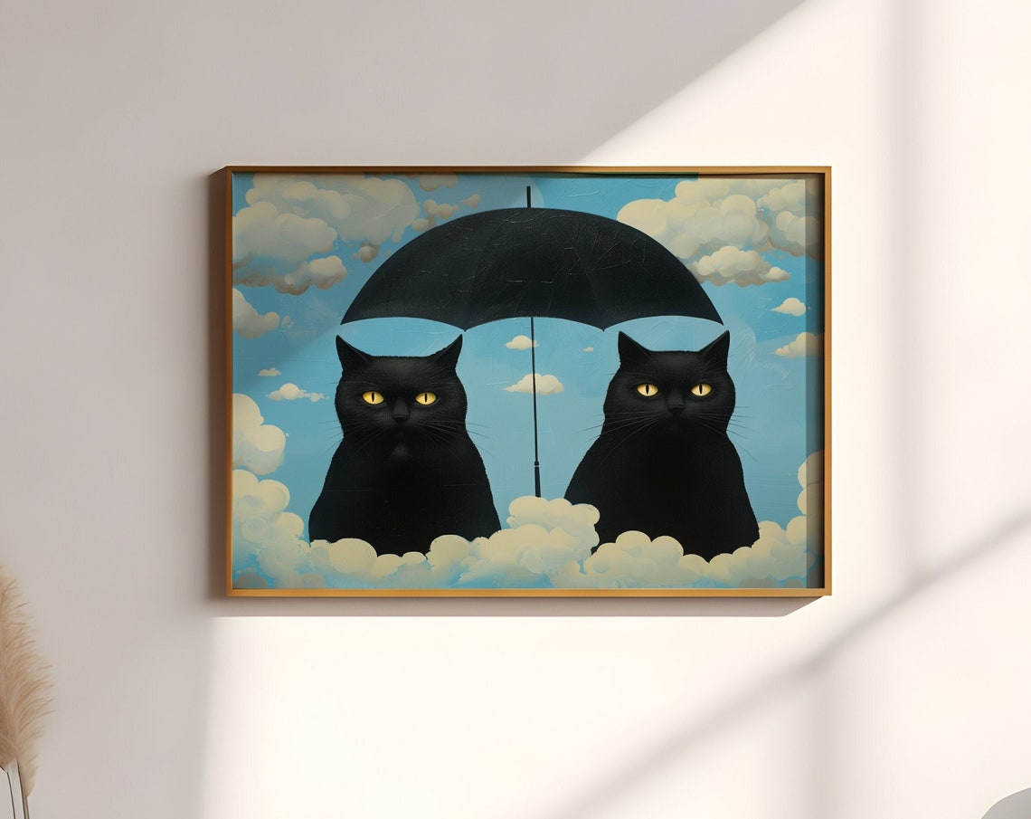 Two Black Cats Resting On Clouds With Black Umbrella Art Print