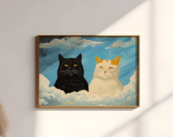 Whimsical Cat On Clouds Print Dreamy Feline Artwork Celestial Kitty Painting Wall Art For Home Decor