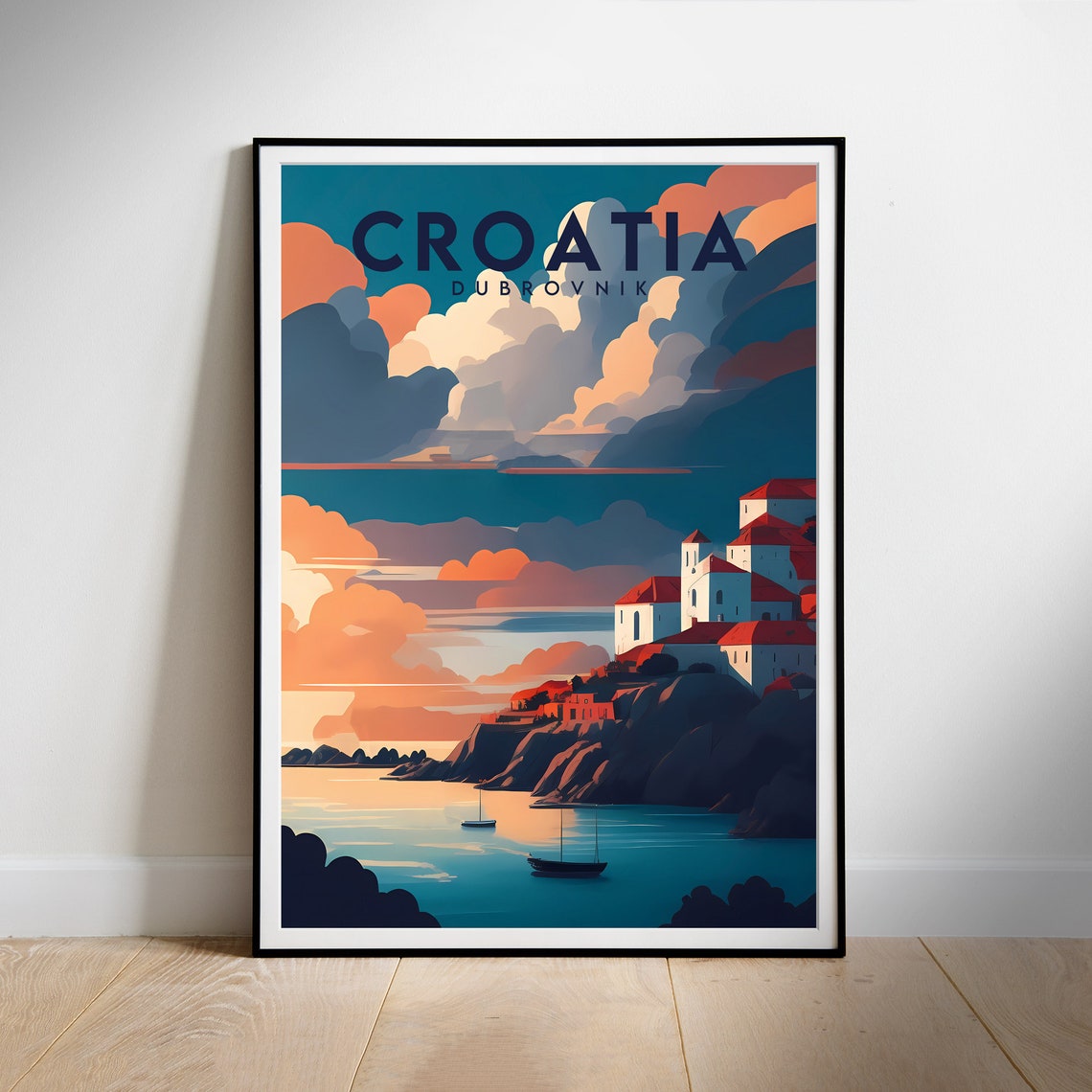 Croatia Dubrovnik Adriatic Old Town Harbor Sunset Travel Poster