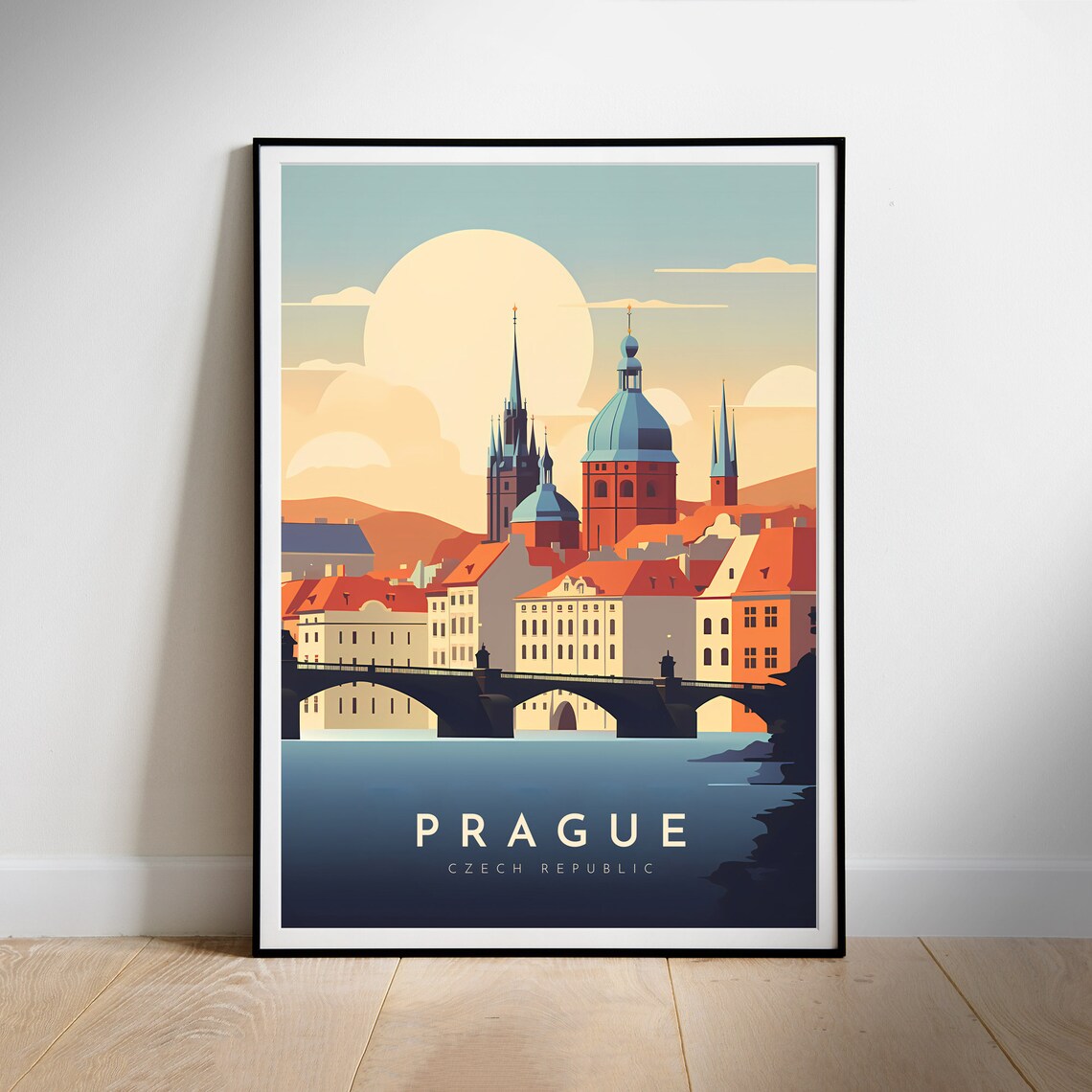 Prague Czech Republic Charles Bridge Riverside Sunset Travel Poster