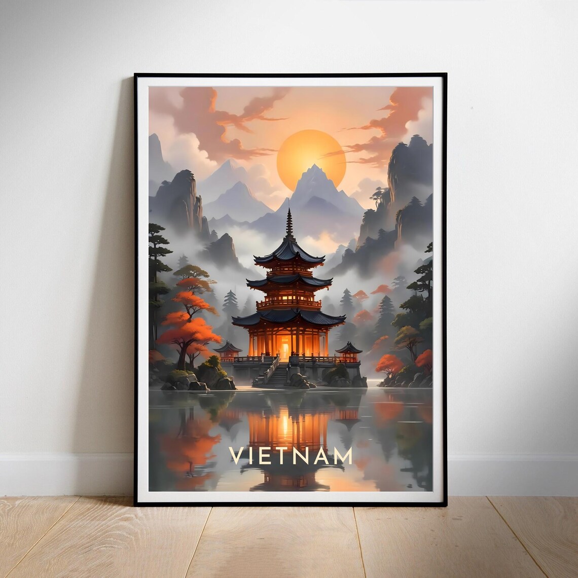 Vietnam Lakeside Pagoda Sunset Misty Mountain Serene Travel Poster