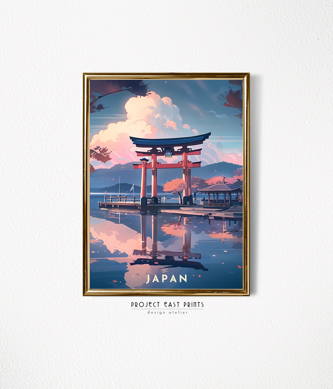 Japan Vermilion Torii Gate Sunset Reflection Retro Travel Poster - Image 2