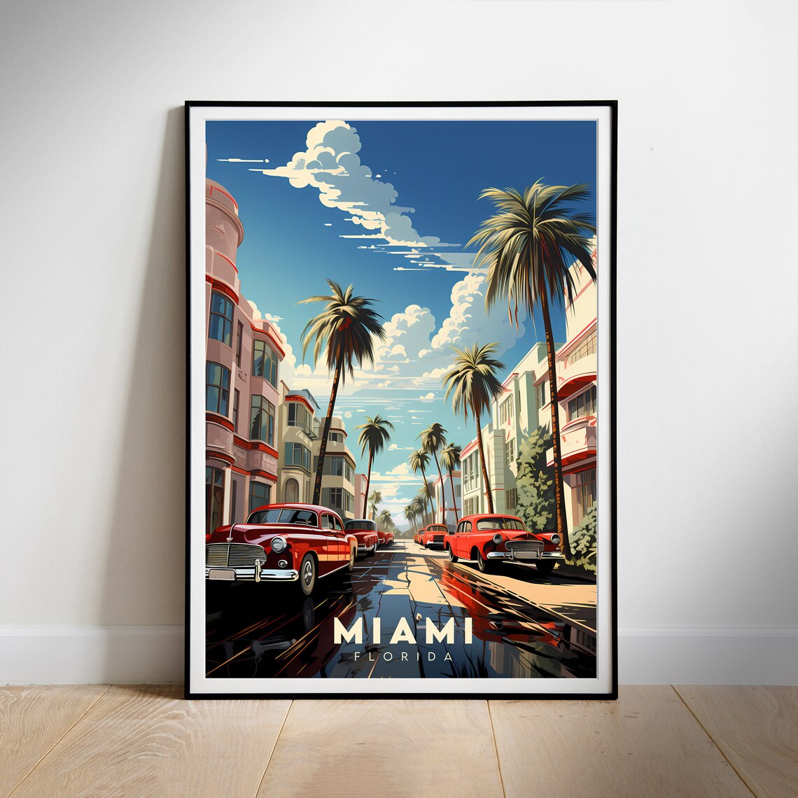 Miami Florida Ocean Drive Art Deco Classic Cars Travel Poster