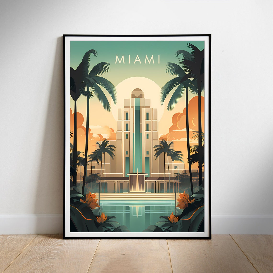 Miami Art Deco Hotel at Sunset Palm Trees Retro Travel Poster