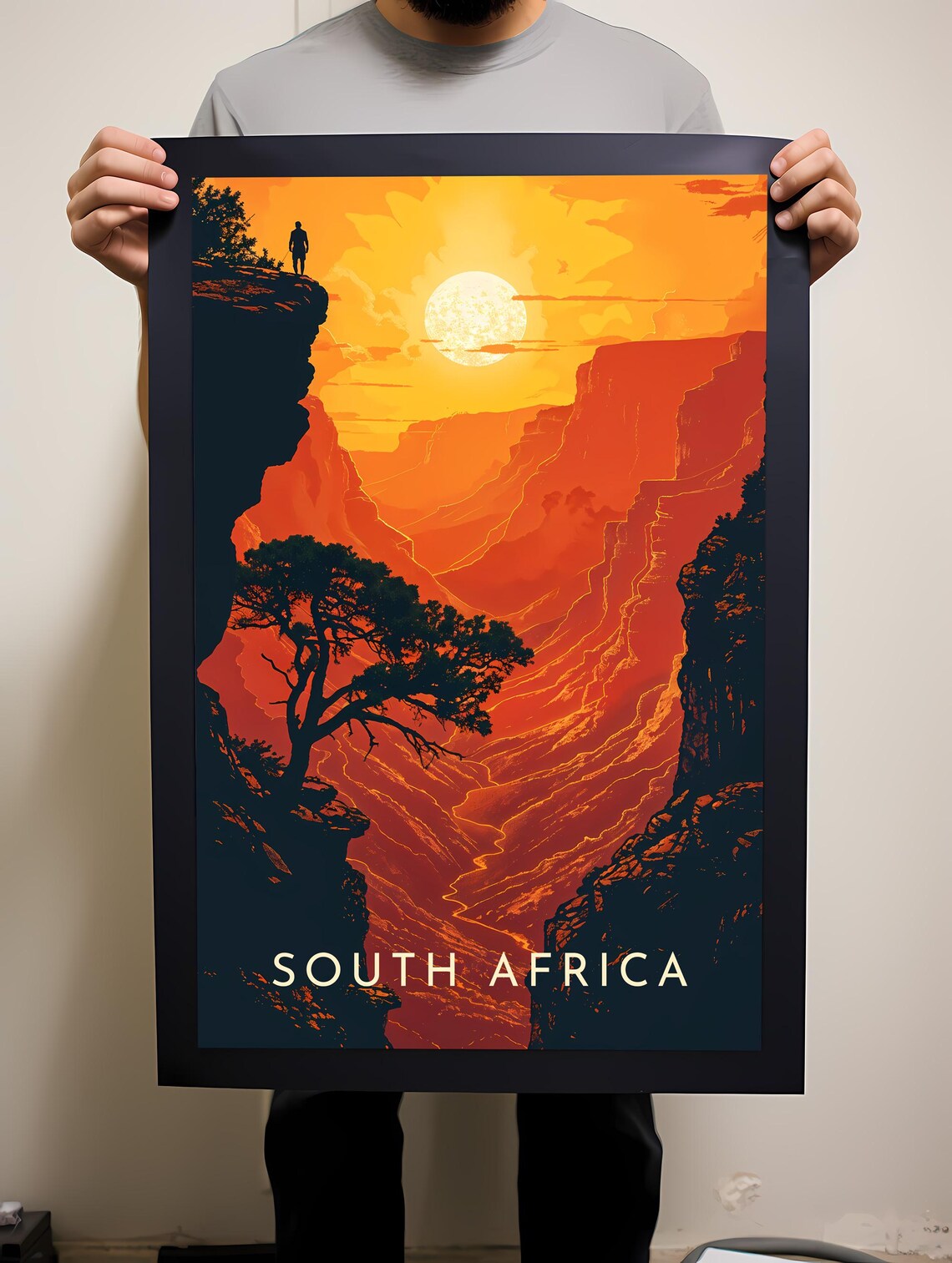South Africa Canyon Sunset Hiker Dramatic Retro Travel Poster