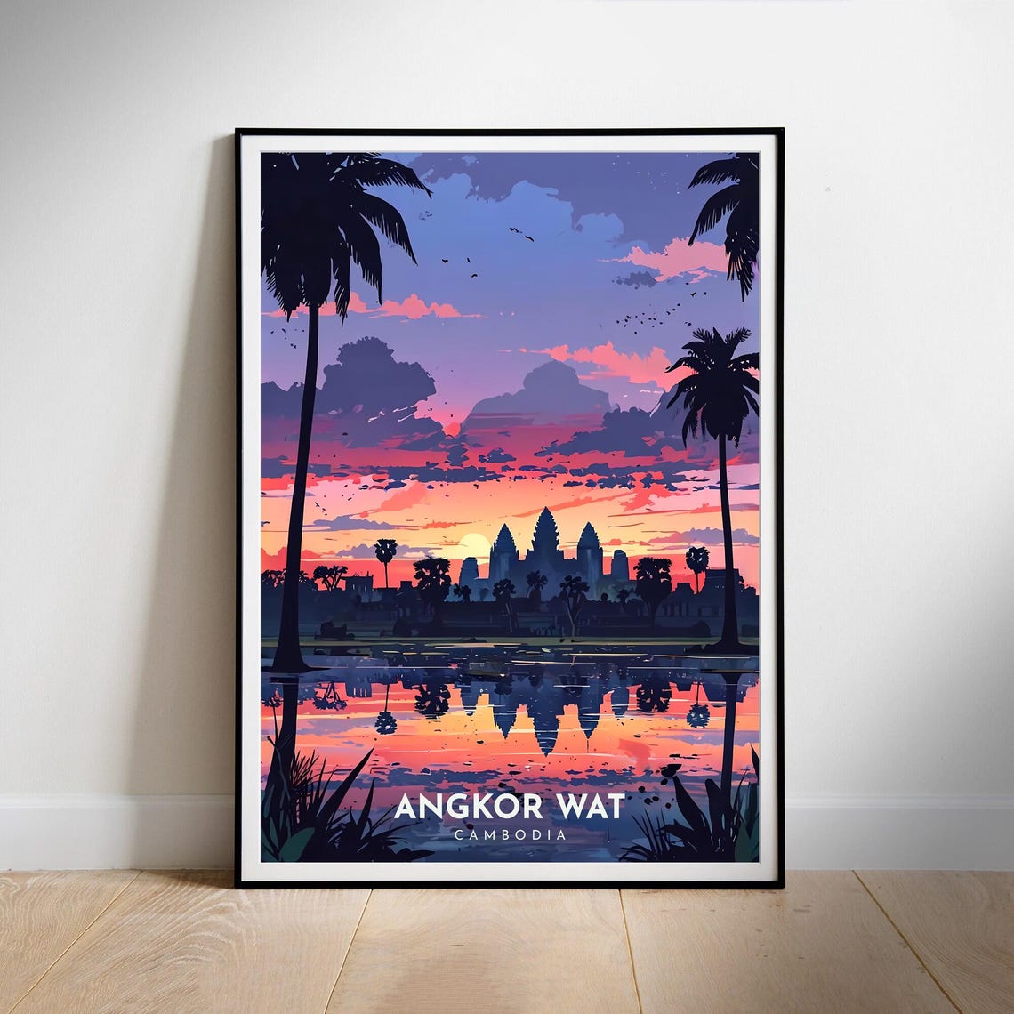 Angkor Wat Cambodia Sunset Temple Silhouette Palm Trees Poster