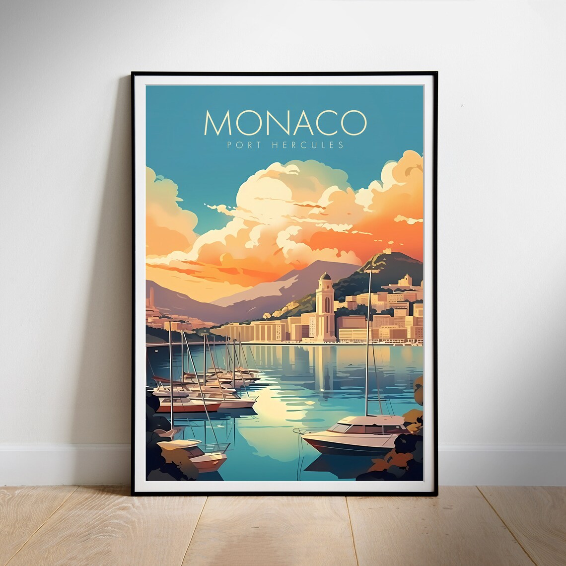 Monaco Port Hercules Harbor Sunset Sailboats Retro Travel Poster