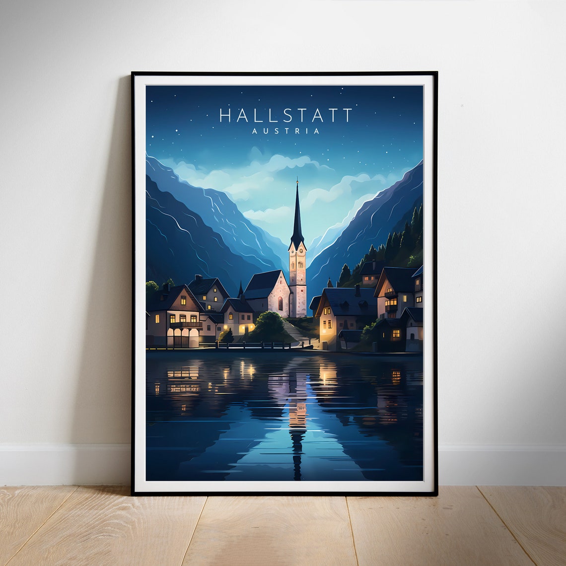 Hallstatt Austria Night Village Lake Reflection Travel Poster
