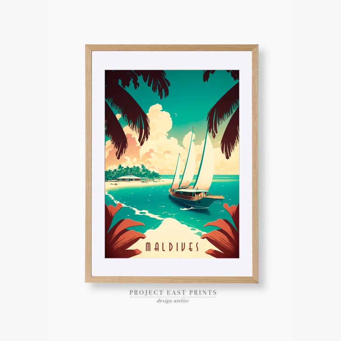Maldives Sailboat Turquoise Beach Island Art Deco Travel Poster