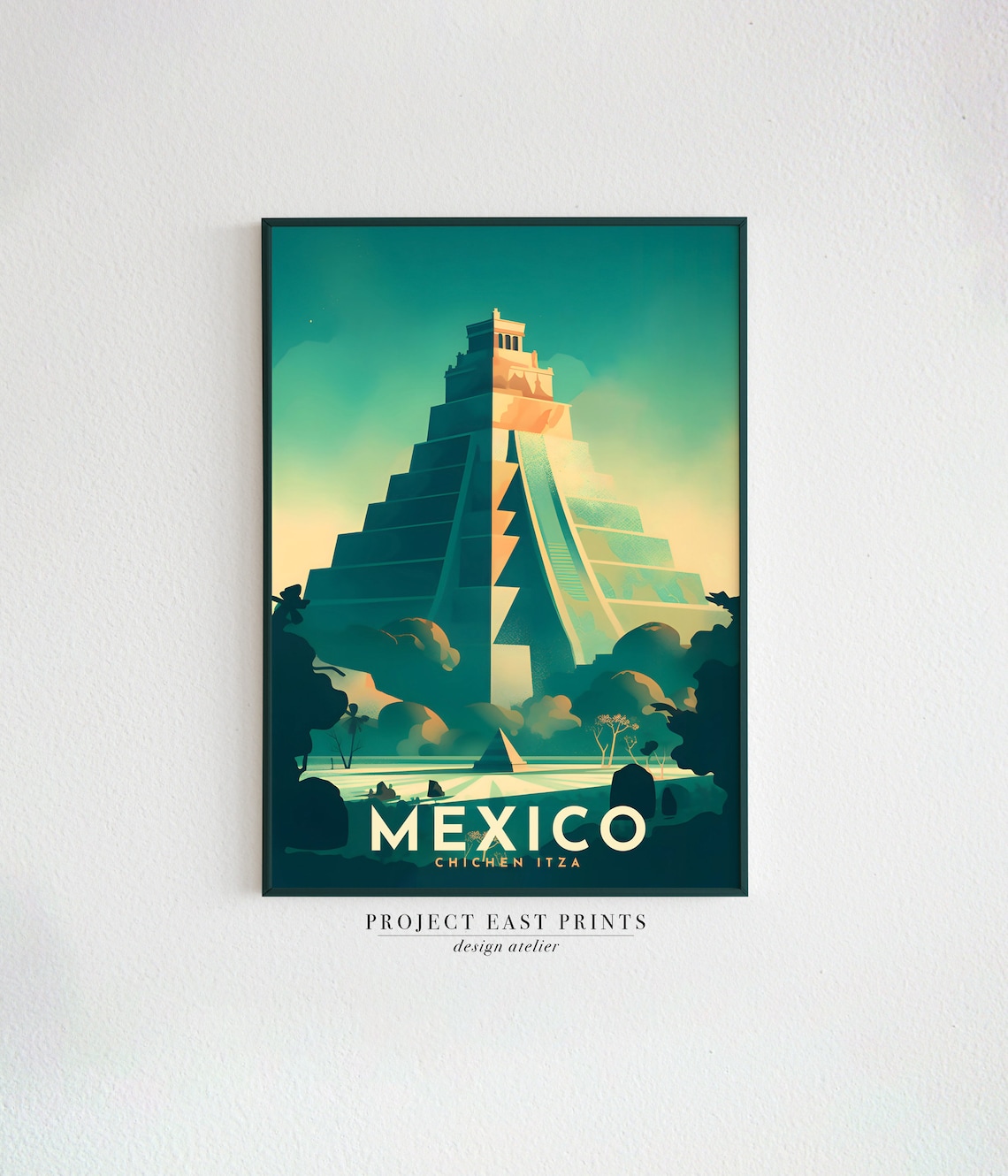 Chichen Itza Mayan Pyramid Retro Travel Poster In Mexico Sunset Teal Hues - Image 2