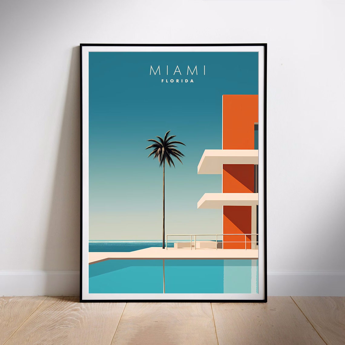 Miami Florida Art Deco Poolside Palm Minimalist Travel Poster