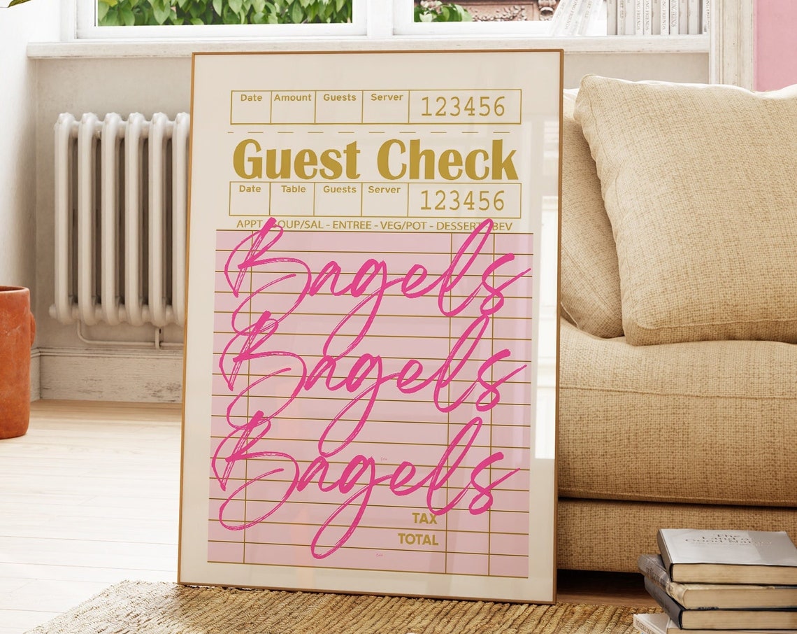 Bagels Pink Script Guest Check Restaurant Receipt Kitchen Poster Art
