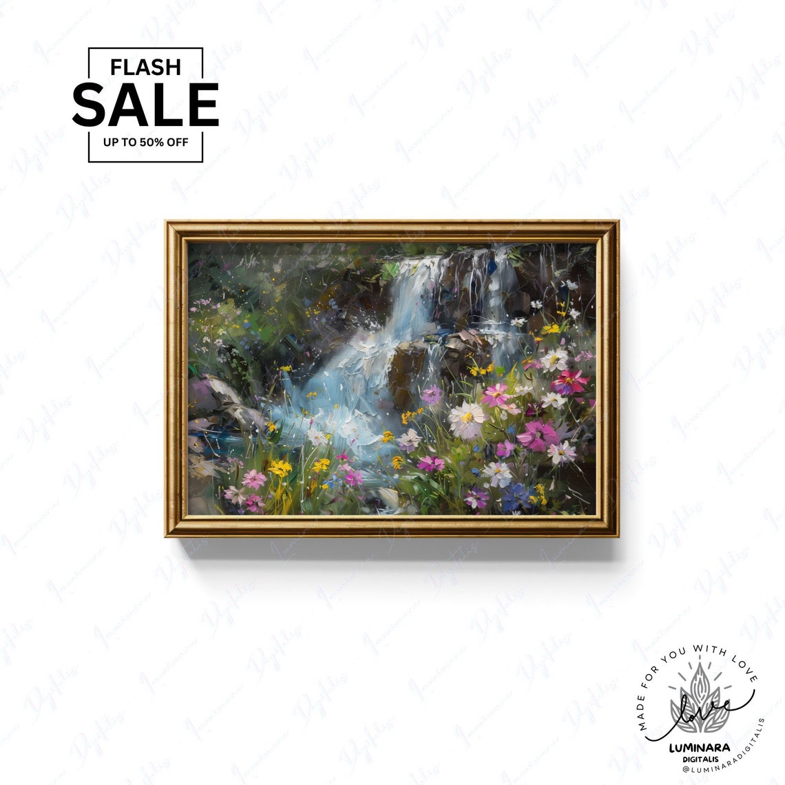 Waterfall Cascading Behind Colorful Wildflowers Impressionist Poster - Image 3