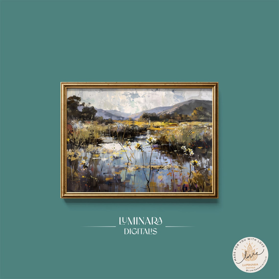 Serene River Meadow Reflections With Distant Mountains Art Poster