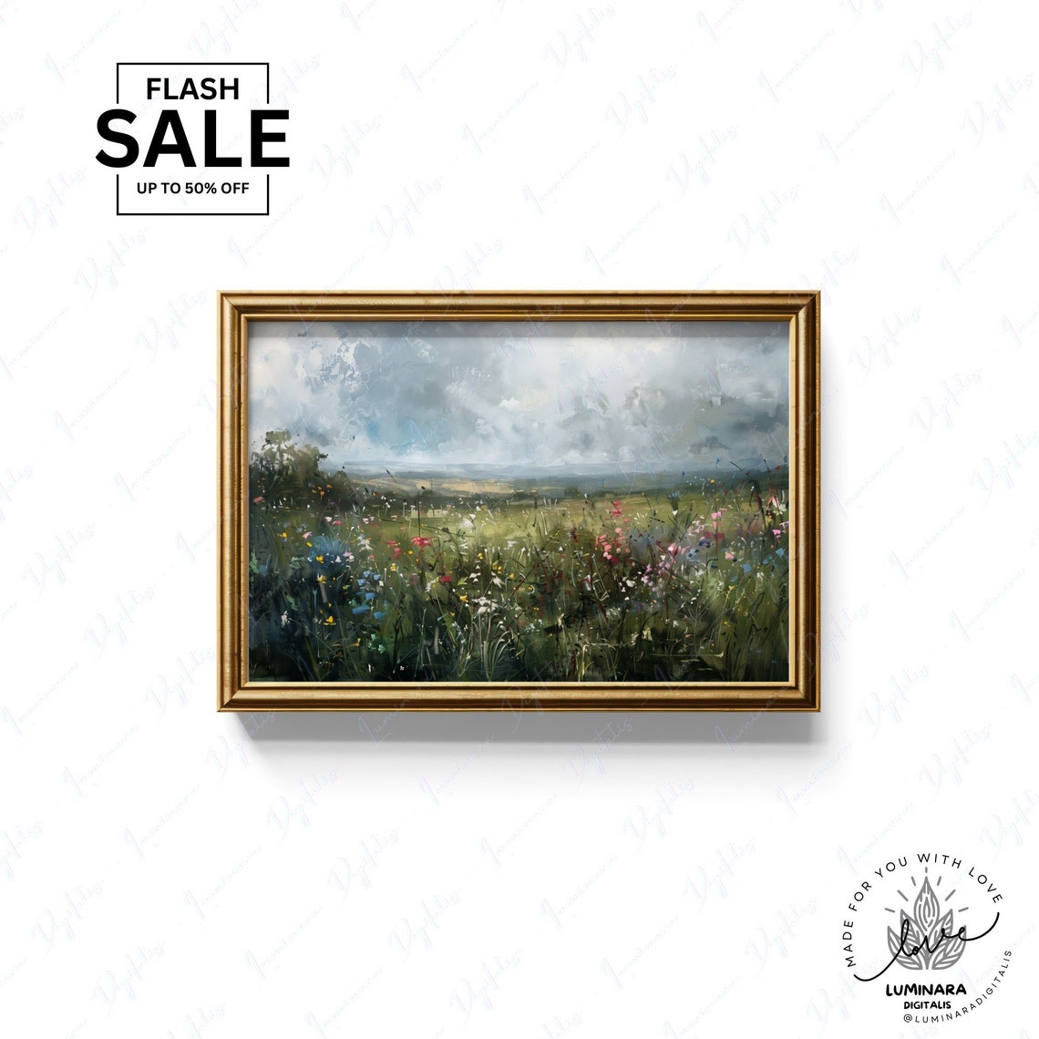 Rainy Wildflower Meadow Under Dramatic Cloudy Skies Art Poster - Image 3