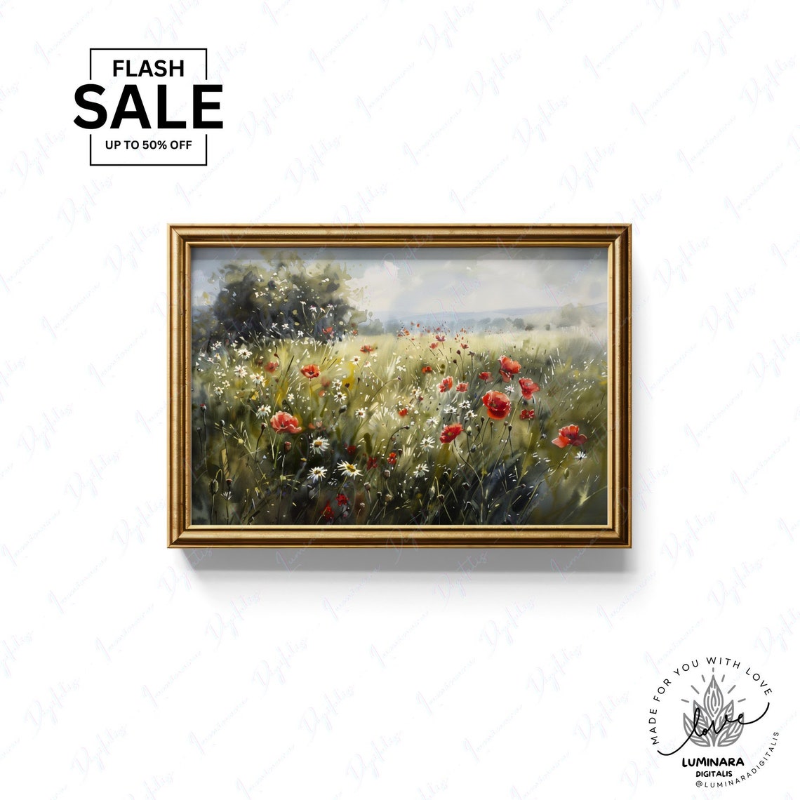 Spring Meadow With Red Poppies And White Daisies Watercolor Poster - Image 3