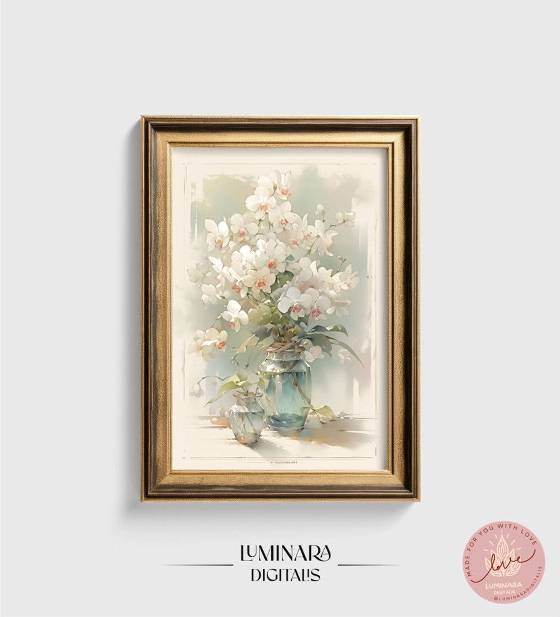 White Orchids In Glass Vases Soft Watercolor Botanical Art Print