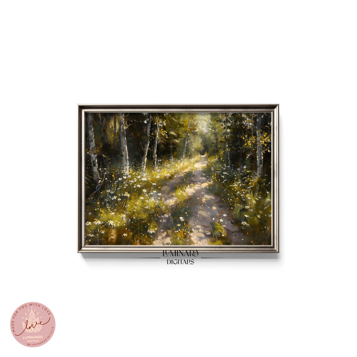 Sunlit Forest Path With Wildflowers Pointillism Nature Art Poster - Image 5