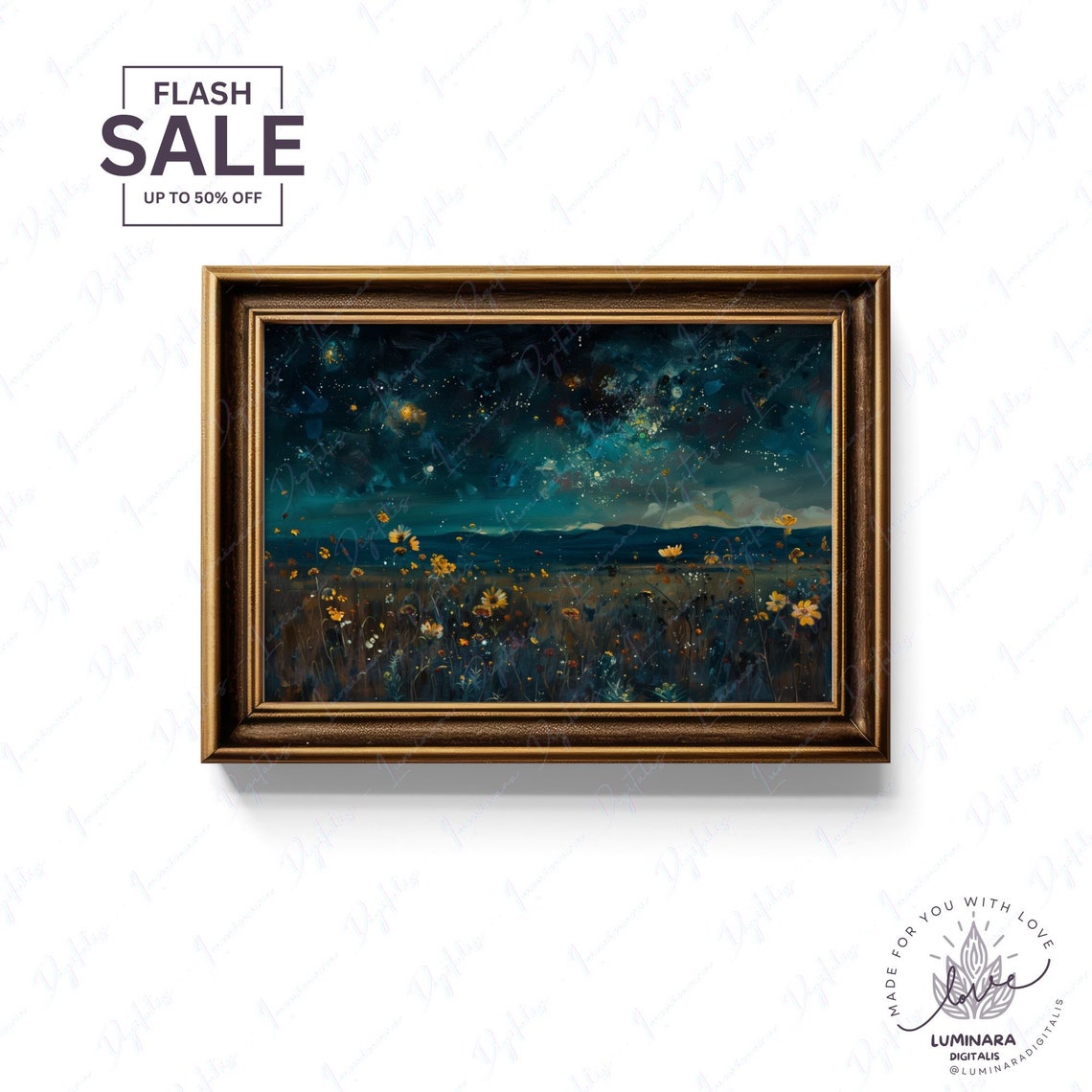 Starry Night Sky Over Golden Wildflower Meadow Night Art Poster - Image 2