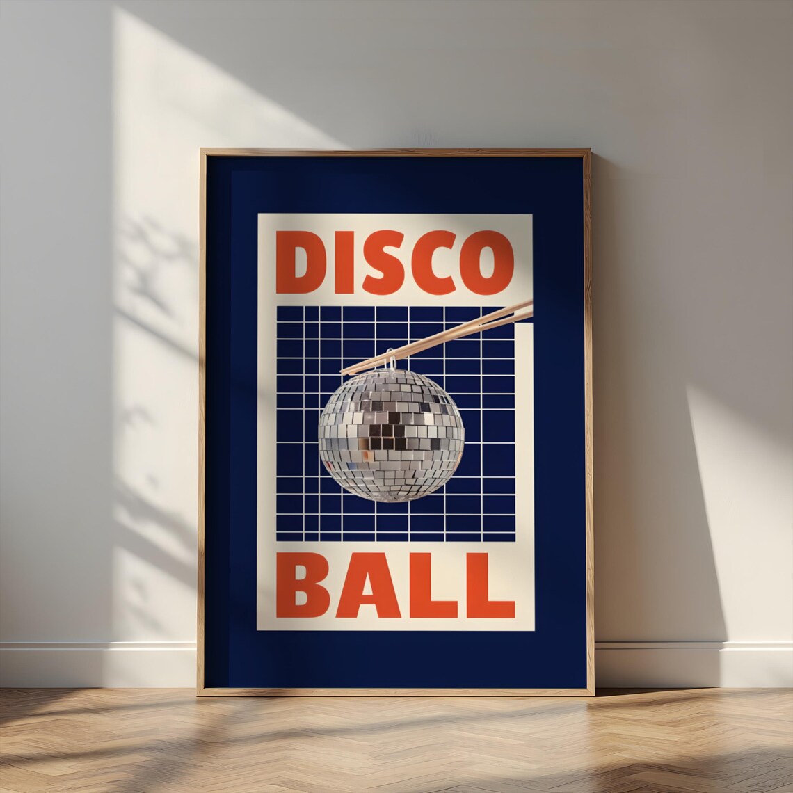 Disco Ball Chopsticks Retro Exhibition Style Poster Navy Red Maximalist