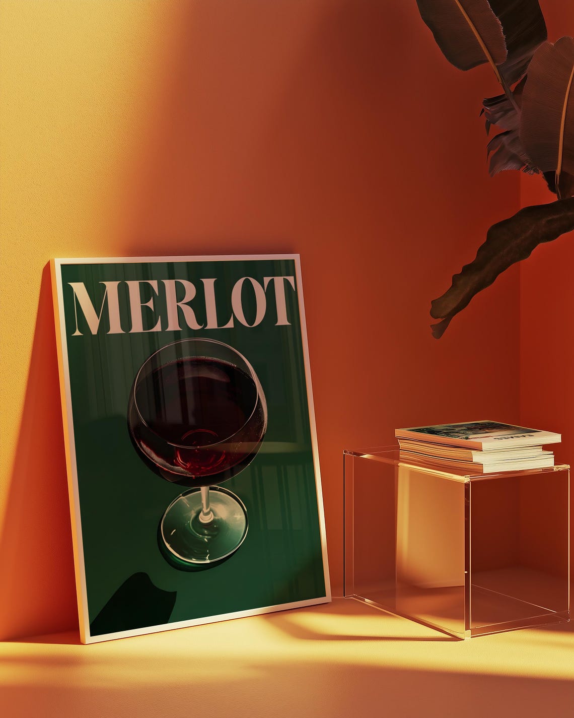 Merlot Red Wine Glass Retro Bar Poster Dark Green Kitchen Art