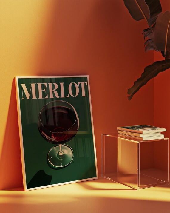Merlot Red Wine Glass Retro Bar Poster Dark Green Kitchen Art