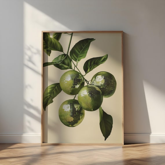Lime Disco Ball Art Print, Retro Kitchen Bar Cart