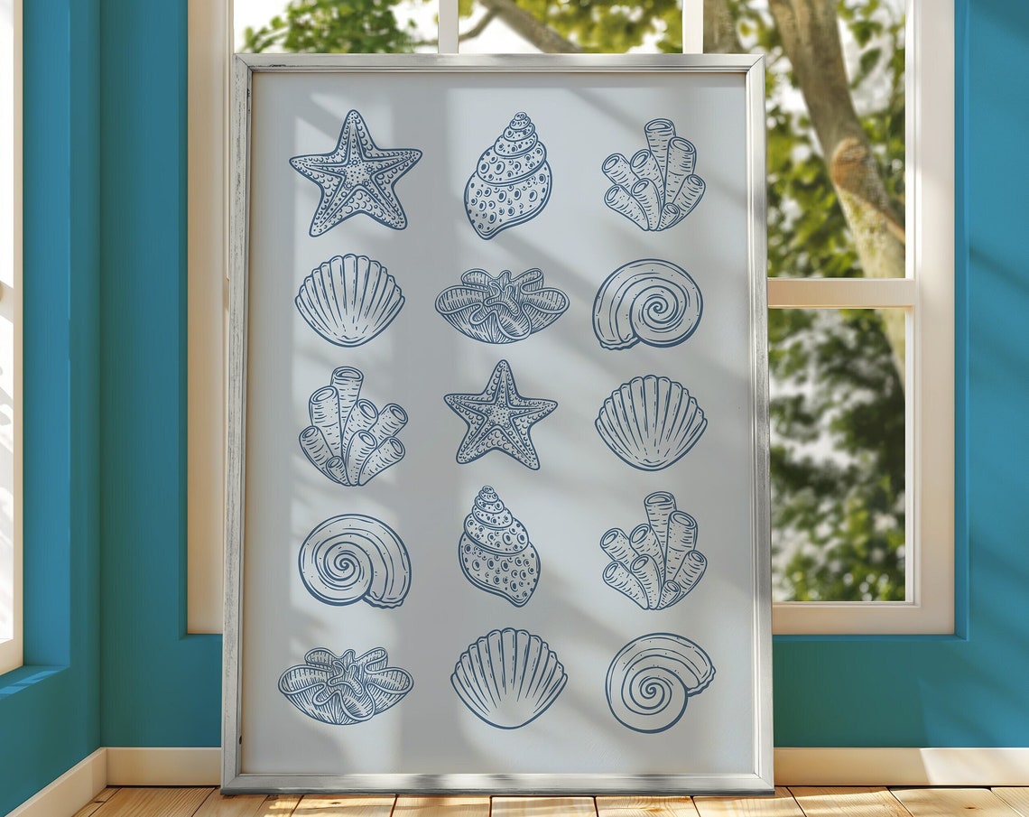 Blue Seashell Sketch Grid Coastal Beach House Typography Poster - Image 3