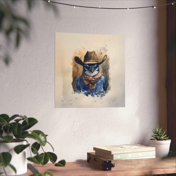 Cowboy Blue Jay Bird Maximalist Eclectic Western Poster Print Bold Altered Party Animal Portrait Fantasy Colorful Renaissance Rustic