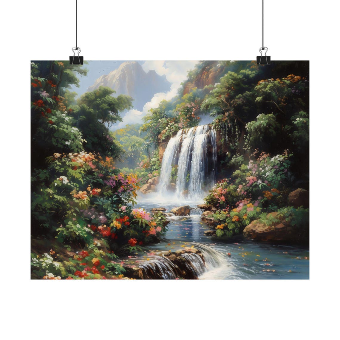 Secret Waterfall Garden Lush Tropical Blooms Paradise Nature Poster