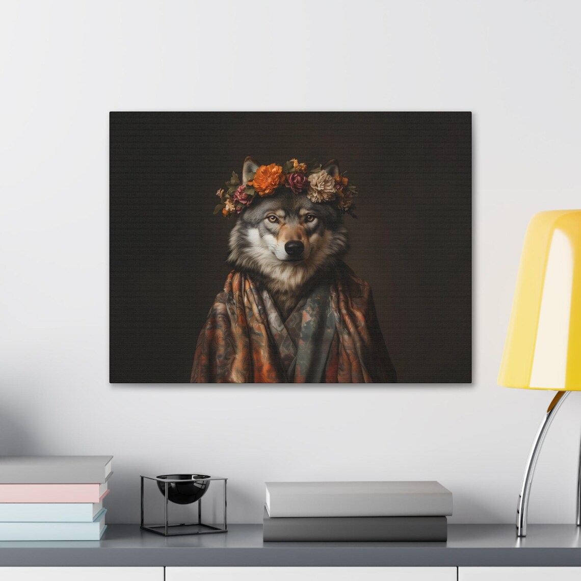 Fashionable Wolf Portrait Wearing Autumn Flower Crown Luxe Animal Art Poster - Image 2