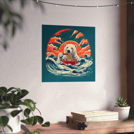 Maximalist Eclectic Ramen Polar Bear Poster Print Bold Altered Animal Portrait Fantasy Fun Colorful Renaissance Rustic Art