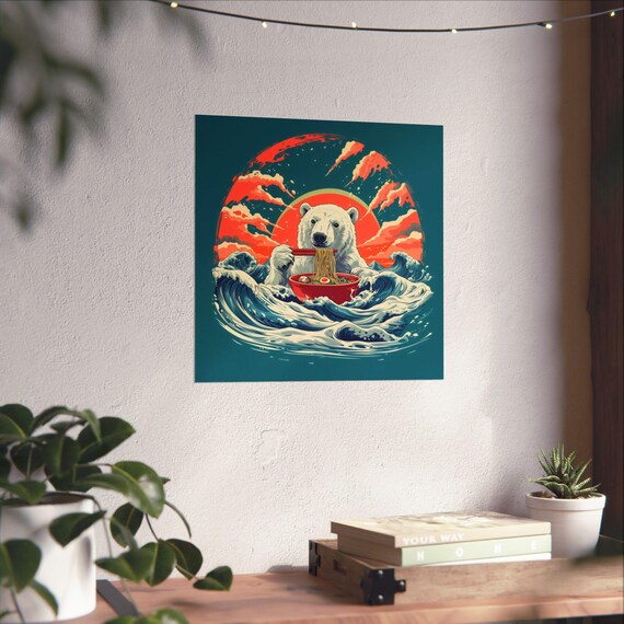 Polar Bear Noodle Bowl Ocean Waves Crimson Sun Canvas Wall Print