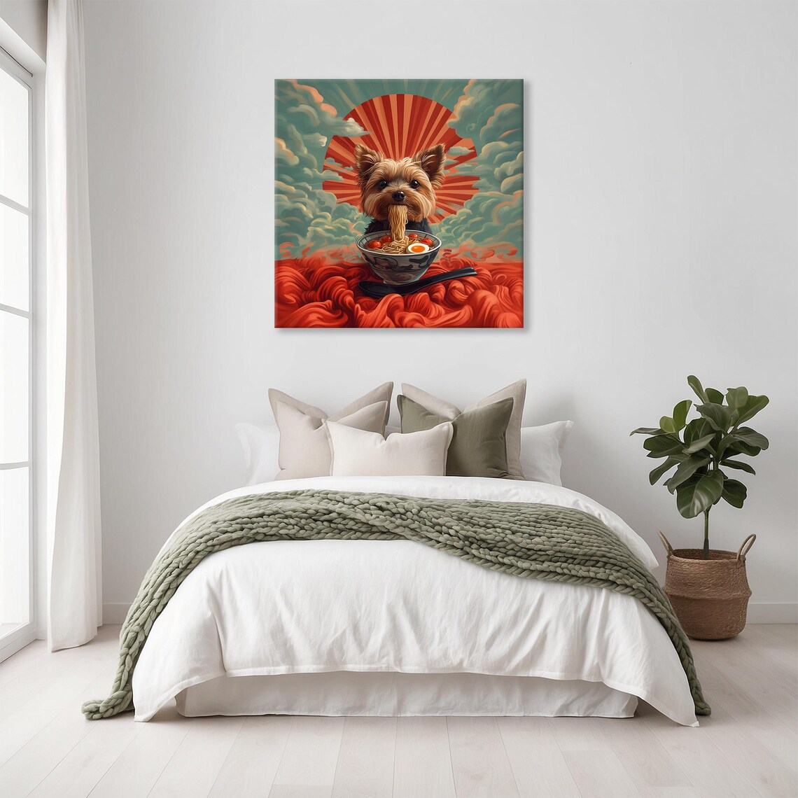 Tiny Yorkie Slurping Ramen Bowl in Japanese Sun Style Poster