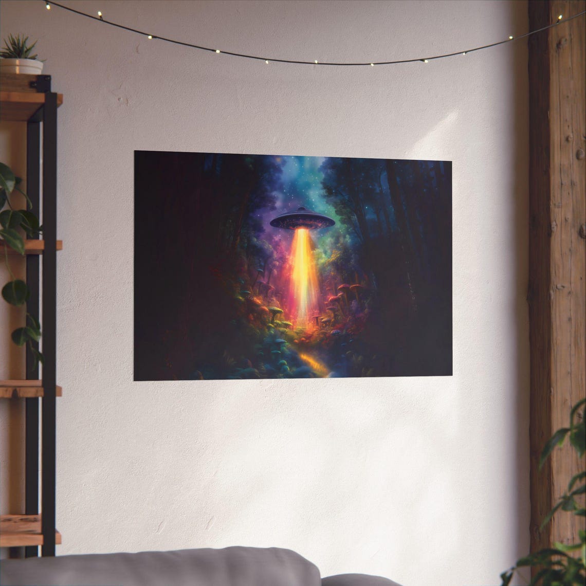 Flying Saucer Beaming Golden Light on Mushroom Woods at Night Poster - Image 2
