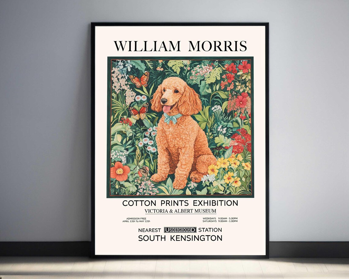 William Morris Apricot Poodle Bow Floral Exhibition Art Poster