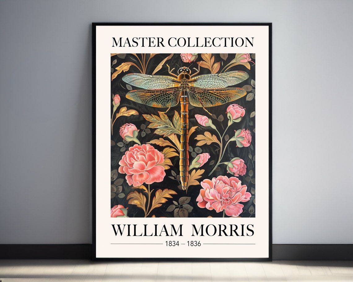 William Morris Dragonfly Print Art Gold Pink Vintage Floral Art Vibrant Dragonfly Exhibition Poster Living Room Print Classic Textile Print