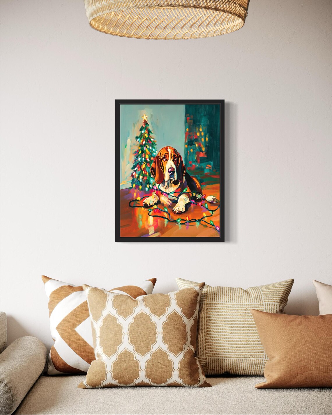 Basset Hound Lying Under Glowing Christmas Lights Holiday Tree Poster - Image 2