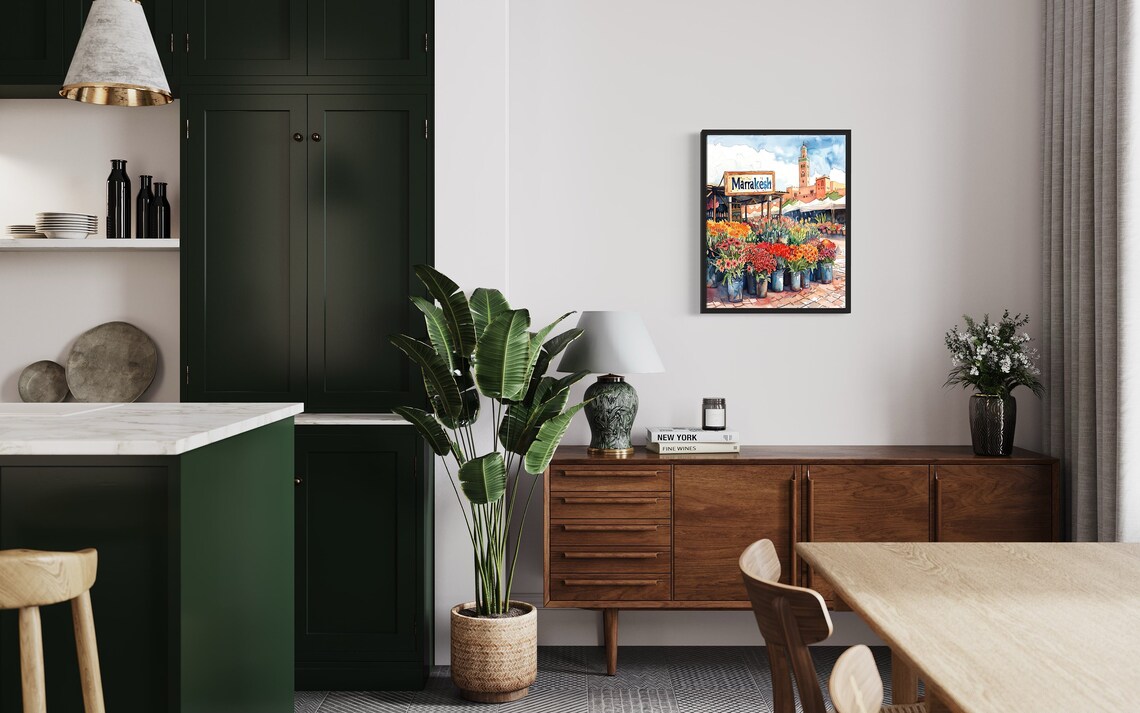 Marrakesh Morocco Minaret Watercolor Flower Market Scene Poster - Image 2